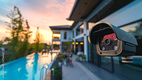Smart Home Security: Surveillance Cameras and Sensors Protecting a Modern Residence at Sunset