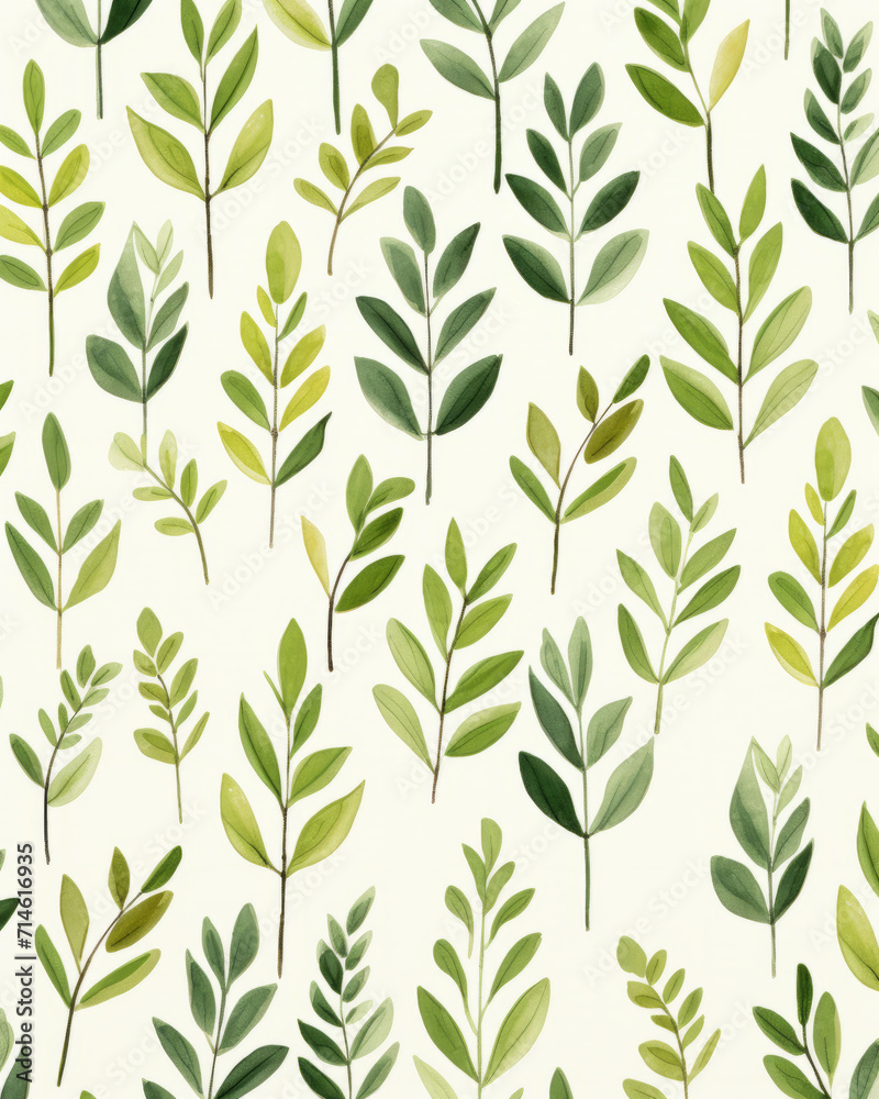 Seamless pattern of retro vintage quaint green leaf background hand drawn plant leaves and stems with watercolor art style with light and dark green leaf veins and texture on pale background.