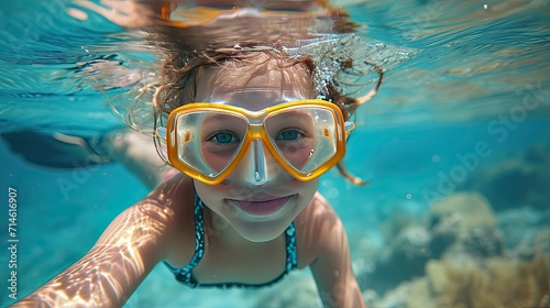 Portrait of happy little girl with snorkeling equipment underwater sea.