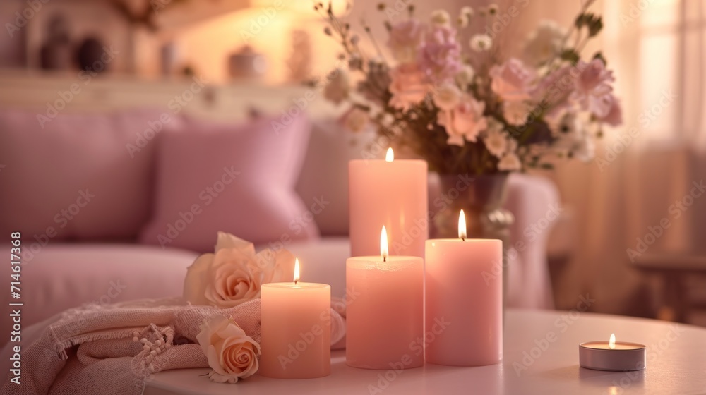  a bunch of candles sitting on a table next to a vase of flowers and a candle holder with a bouquet of flowers in the middle of the table and a couch in the background.