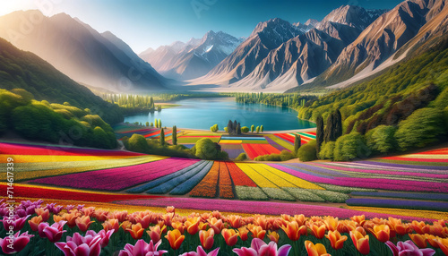A vibrant valley with rows of colorful tulips in the foreground and a serene lake surrounded by mountains in the background.Landscape concept. AI generated. photo
