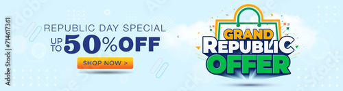 50% off shopping advertising promotional sales, offer, deal, discount website banner and logo design. Republic Day of India. Indian tricolor flag with Grand Republic offer 3d text.
