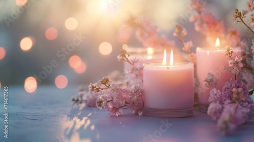  a couple of candles sitting on top of a table next to a bunch of flowers and a vase with some pink flowers in front of a boke of blurry lights in the background.