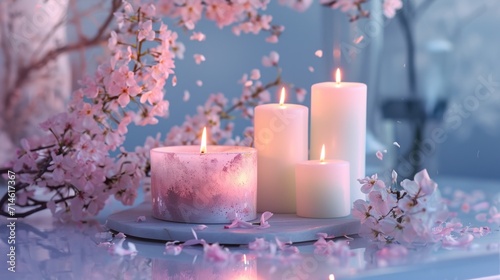  a group of three candles sitting on top of a table next to a bunch of pink flowers and a branch with pink flowers in the middle of the candle are lit.