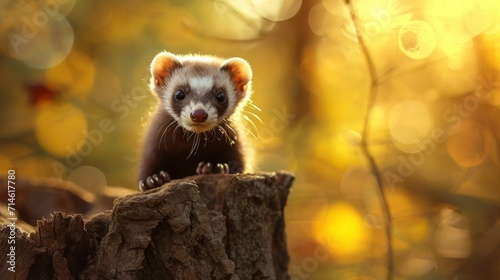  a small ferret standing on top of a tree stump in the middle of a forest with a blurry background of leaves and a yellow - colored boke.