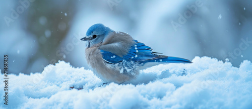 A blue jay feathered in shades of tranquil azure perches atop a snowy crest, its plumage a stark contrast to the winter's touch
