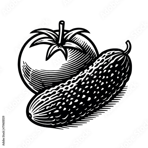 Cucumber and tomato.  Vintage retro engraving illustration. Black icon, isolated element