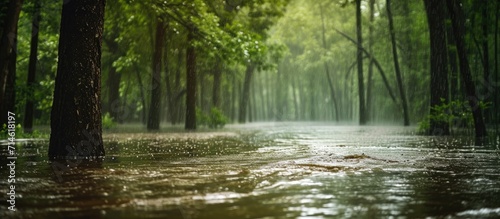 Heavy rain in the forest can lead to flooding due to pooling, overflowing rivers, and runoffs. photo