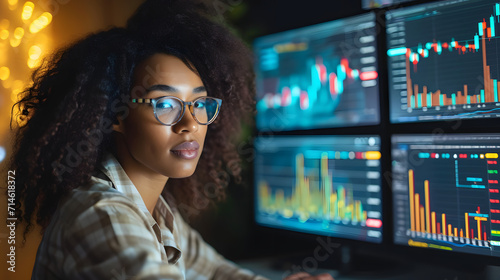 Broker trader business woman with glasses market analyst studding charts in front of computer display setup, financial technology concept photo