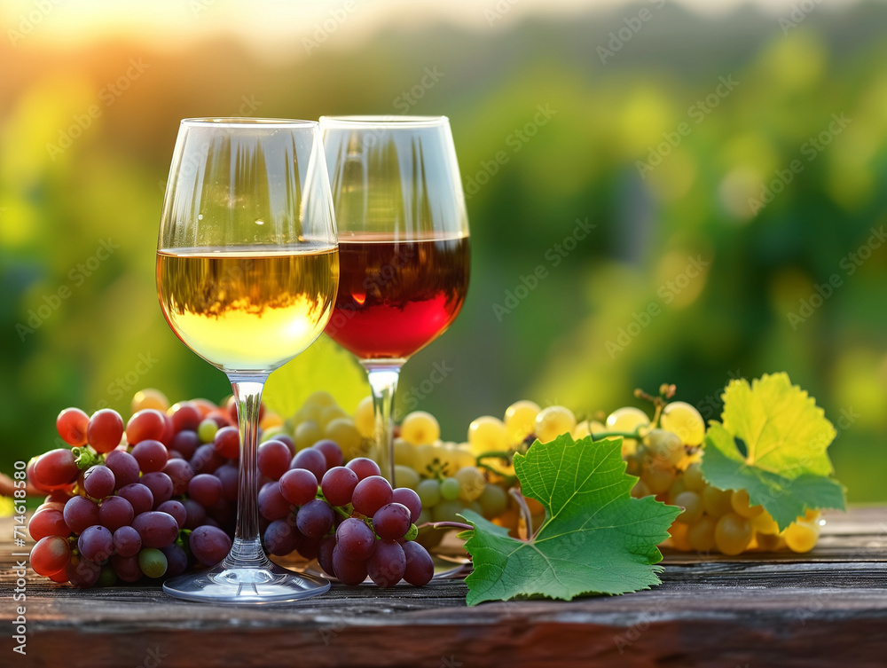 Glasses of white and red wine and ripe grapes on table in blurred vineyard.