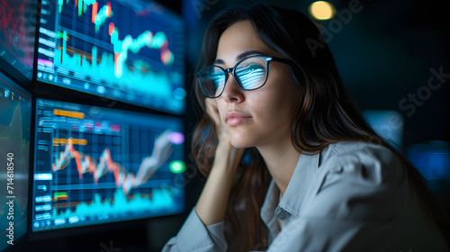 Broker trader business woman with glasses market analyst studding charts in front of computer display setup, financial technology concept