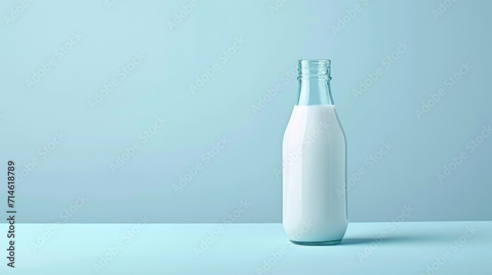 a bottle of milk on a table with a light blue wall in the background and a light blue wall to the left of the bottle and a light blue wall to the right of the left. a bottle of milk on a table with a light blue wall in the background and a light blue wall to the left of the bottle and a light blue wall to the right of the left.