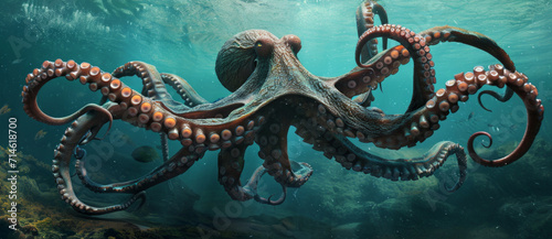 Majestic octopus gliding through sunlit waters, its tentacles undulating with the rhythm of the ocean's pulse © Ai Studio
