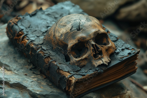 Book of the Dead, Burnt and Corroding Grimoire Book with a Skull Protruding from the Cover © Ryan
