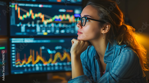 Broker trader woman business market analyst studding charts in front of computer display setup, financial technology concept