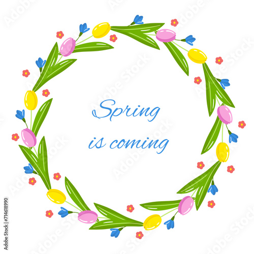 Vector spring tulips flowers wreaths. Round frames with tulips and summer flowers isolated on white background.