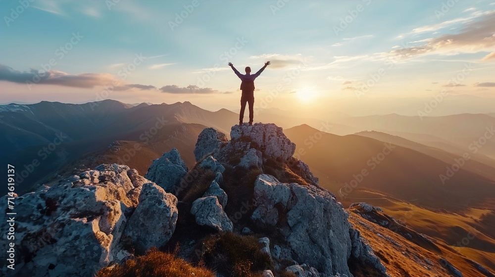 Positive man celebrating on mountain top, with arms raised up - obrazy, fototapety, plakaty 