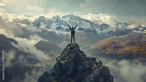 Positive man celebrating on mountain top, with arms raised up