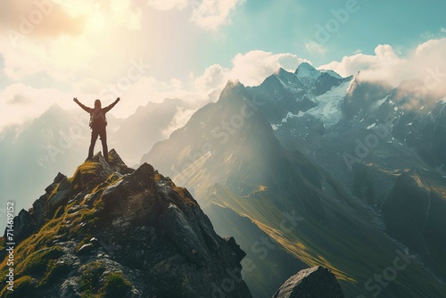Positive man celebrating on mountain top, with arms raised up