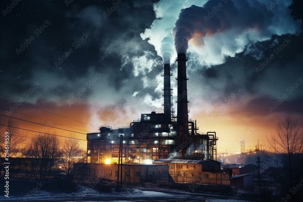 Factory against sky at night with smokestack. Generative AI