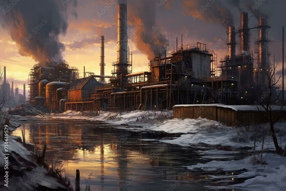 Industrial facility on riverside comprising an oil refinery, chemical plant, pipeline, and chimney. Generative AI