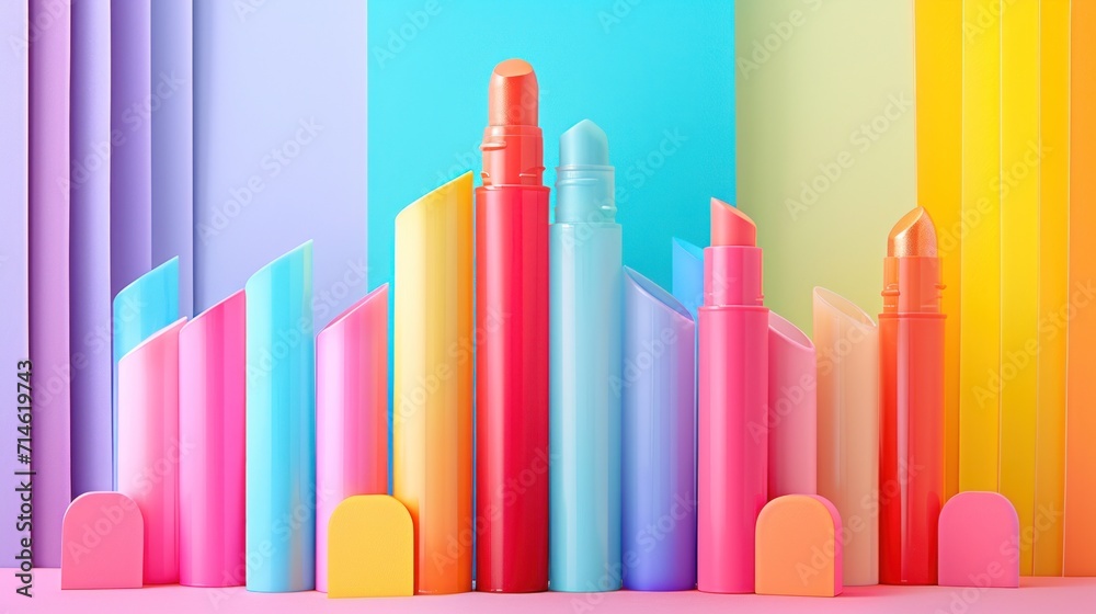 a group of different colored pens sitting next to each other on a pink, blue, green, yellow, and pink background with a rainbow - hued wall in the background. a group of different colored pens sitting next to each other on a pink, blue, green, yellow, and pink background with a rainbow - hued wall in the background.