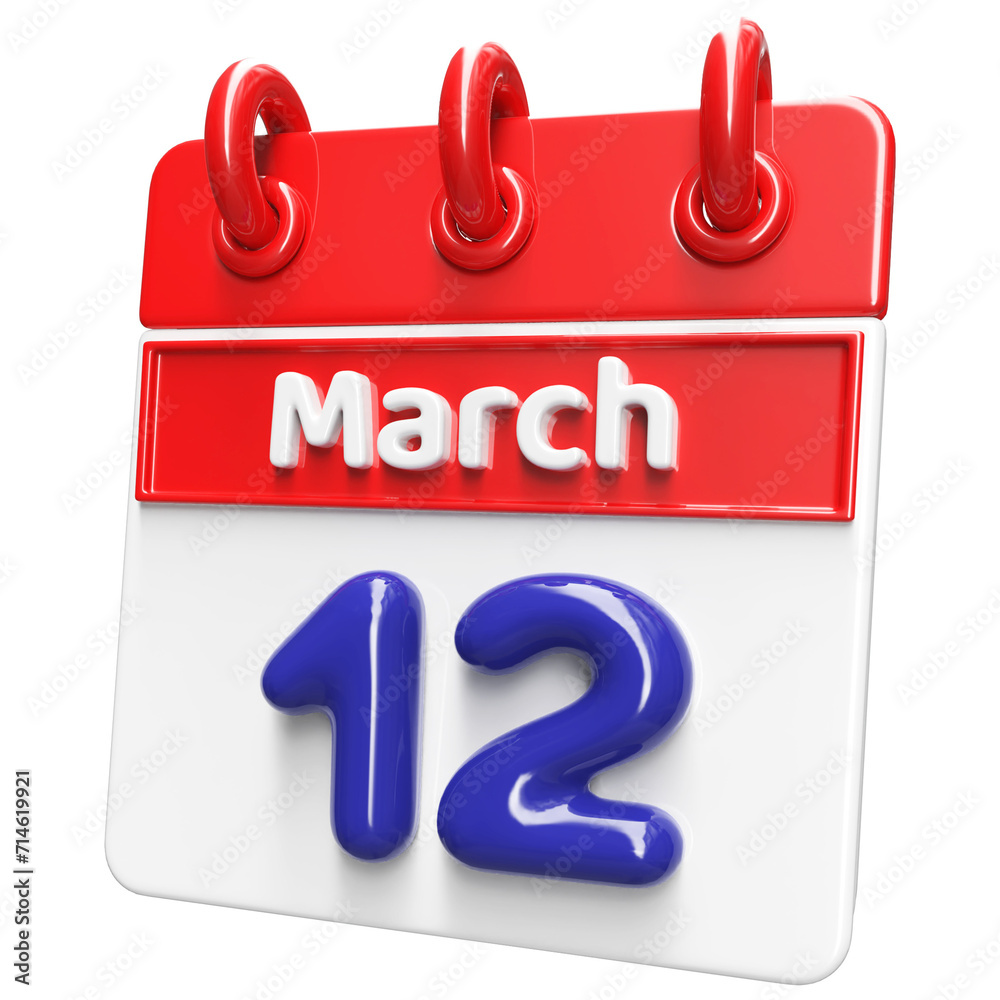 12th March Calendar Icon 3D Render , Calendar Icon 3D Illustration 12th March Calendar Icon 3D Render , Calendar Icon 3D Illustration