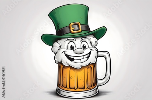 Pint of beer smiling with green St. Patrick's hat on top, funny beer isolated on white background