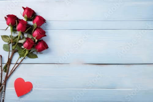  Red Roses Chocolate Hearts on wooden background roses arrangement for Valentines Day Top view 
