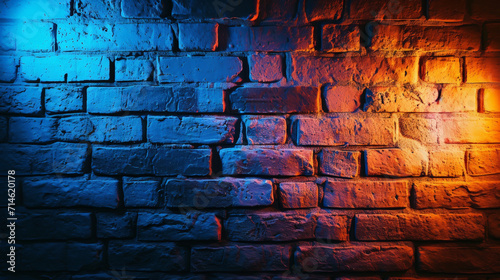 Urban Glow: Neon Illumination on Raw Brick Walls. Generative AI photo