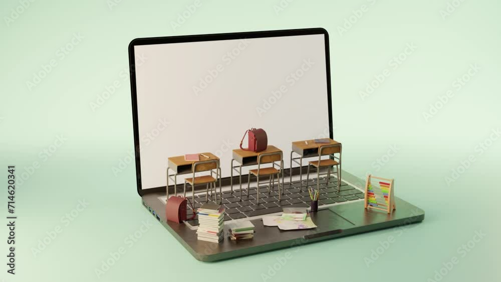 3d animation of open laptop with white screen near wooden chairs and notebooks placed on table 3d animation of open laptop with white screen near wooden chairs and notebooks placed on table