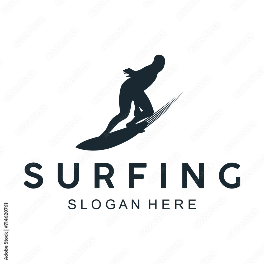 black surfer logo on white striped background