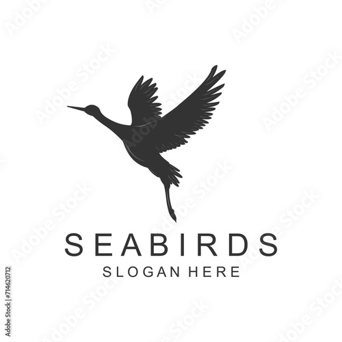 black seabird logo on white striped background