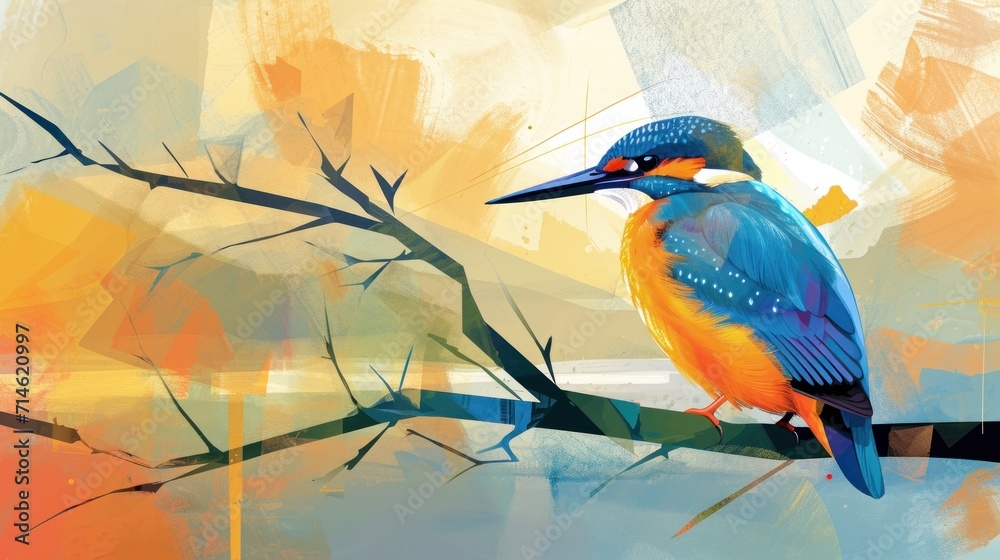 a painting of a colorful bird sitting on a tree branch in front of a painting of a yellow, blue, and orange bird on the branch of a tree. a painting of a colorful bird sitting on a tree branch in front of a painting of a yellow, blue, and orange bird on the branch of a tree.