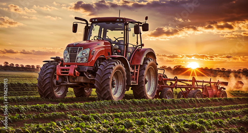 A red tractor diligently plows a fertile field, preparing the soil for cultivation and planting in a vibrant agricultural scene photo