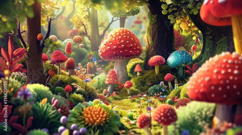  a painting of a forest filled with lots of different types of trees and mushrooms in the middle of a forest filled with lots of different colors and sizes of mushrooms.