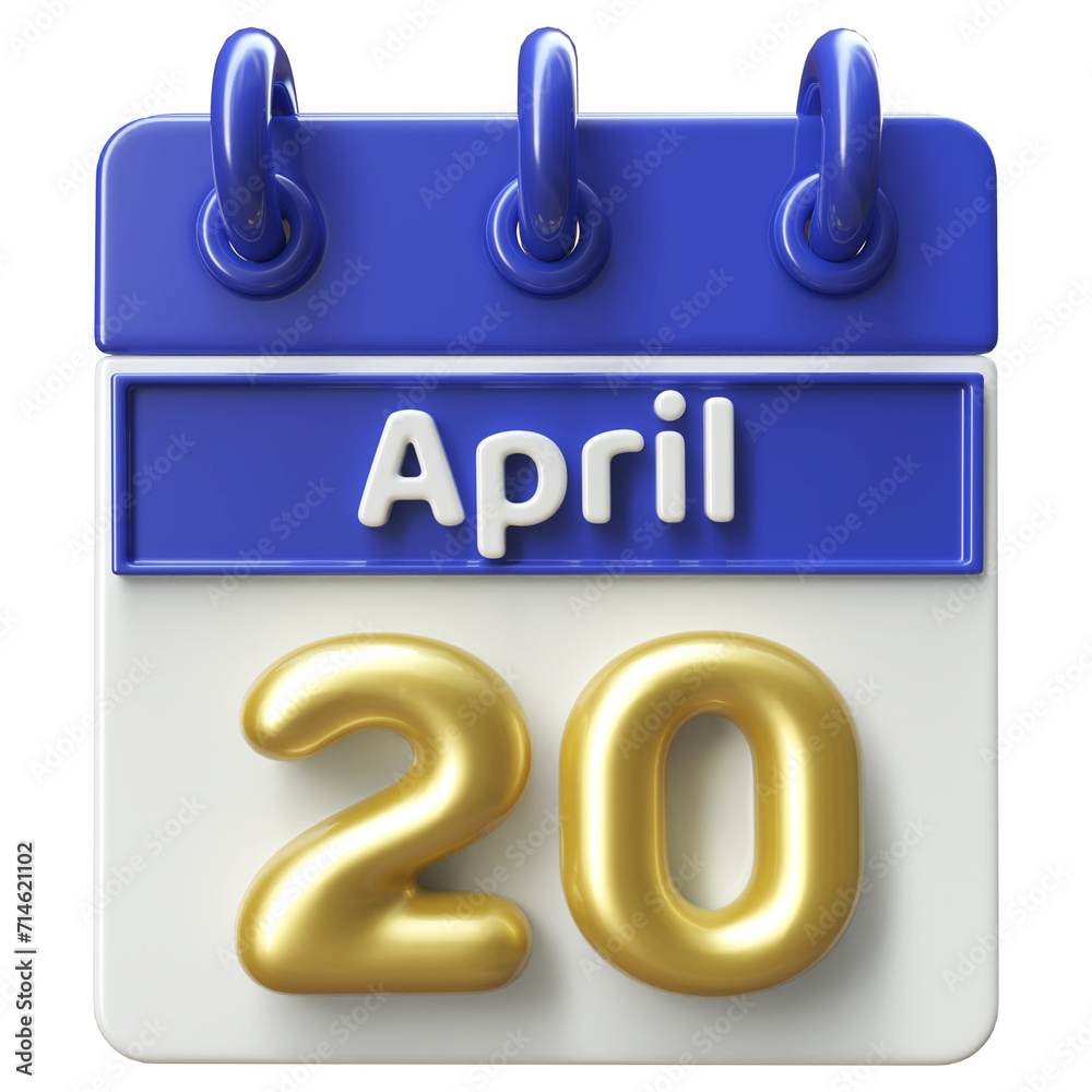 20th April Calendar Icon 3D Render , Calendar Icon 3D Illustration 20th April Calendar Icon 3D Render , Calendar Icon 3D Illustration