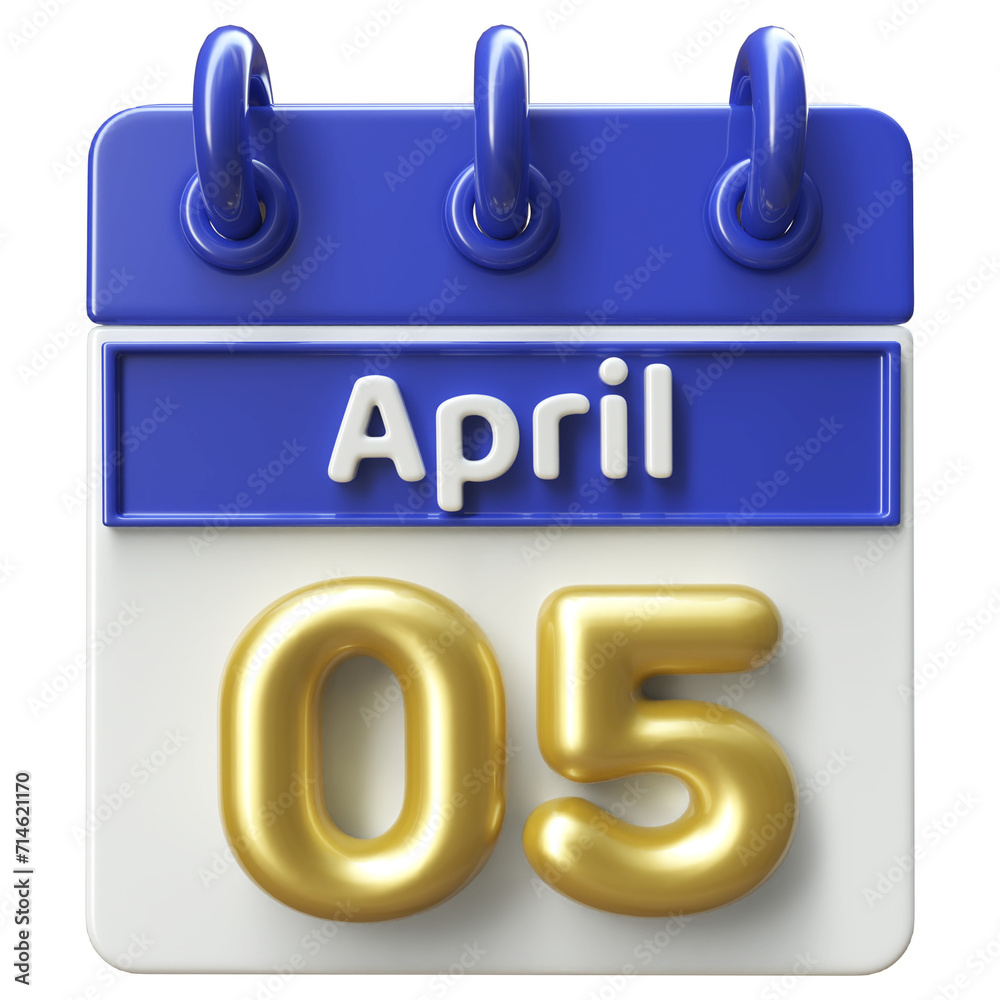 5th April Calendar Icon 3D Render , Calendar Icon 3D Illustration