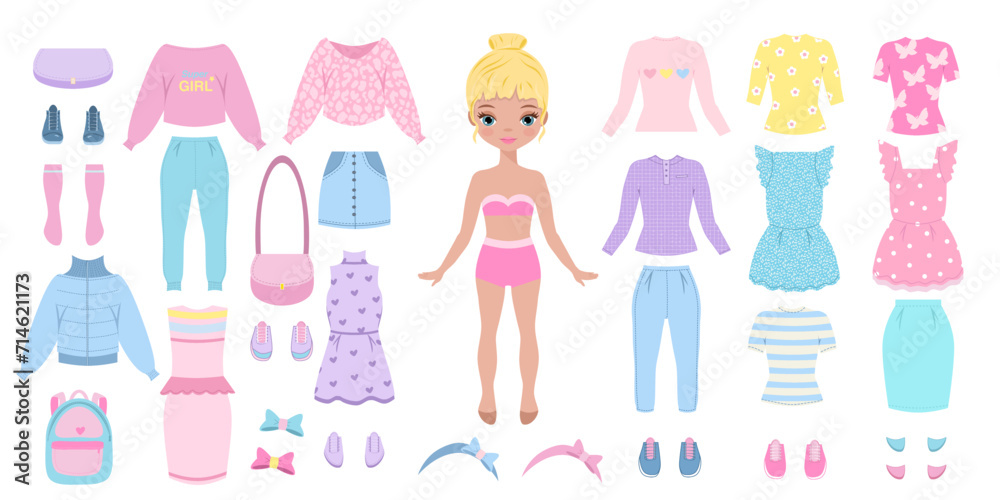 Paper doll clothes. Cute girl with clothes. Clothes set, collection. Vector illustration. Doll for children play. Cutouts. Fashion girl with jeans, skirt, dresses, coat, jacket, t shirt, hoodie. 