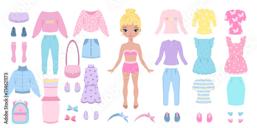 Paper doll clothes. Cute girl with clothes. Clothes set, collection. Vector illustration. Doll for children play. Cutouts. Fashion girl with jeans, skirt, dresses, coat, jacket, t shirt, hoodie. 