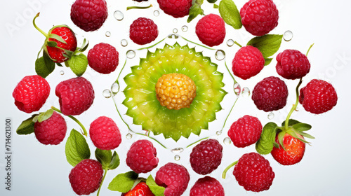 Berries pictures in style of kaleidoscope art on white background. Elegant art of berries. 