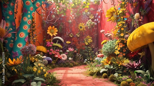  a painting of a colorful garden with lots of flowers and plants on the sides of the wall and a path leading to the center of the garden with lots of flowers on both sides.