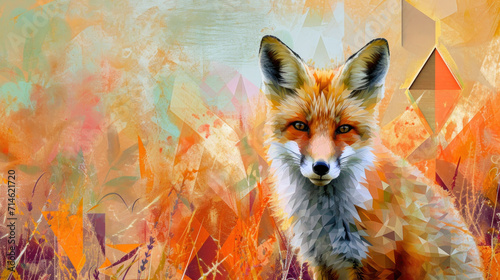  a painting of a fox standing in a field of tall grass with oranges and yellows in the background and a blue sky in the middle of the foreground.