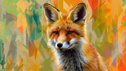  a painting of a red fox in front of a background of oranges, yellows, and pinks with a green, yellow, red, orange, yellow, and blue, and white pattern.
