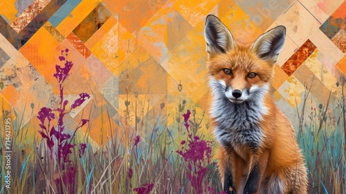  a painting of a red fox standing in a field of tall grass and wildflowers with a multicolored background of orange, yellow, blue, pink, purple, orange, and green, and yellow.