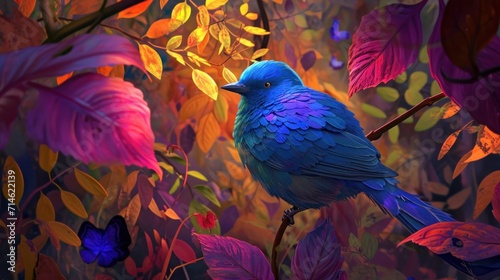  a painting of a blue bird sitting on a branch surrounded by purple and red leaves with a butterfly in the foreground of the picture and a butterfly in the foreground. © Olga