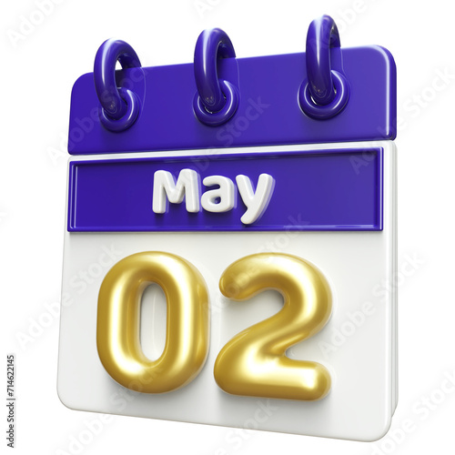 2nd May Calendar Icon 3D Render , Calendar Icon 3D Illustration