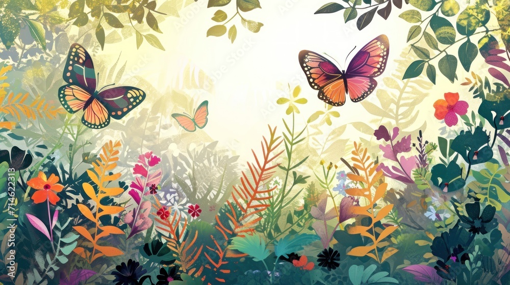  a painting of two butterflies flying over a lush green field of flowers and plants on a sunny day with sunlight coming through the leaves of the tops of the trees.
