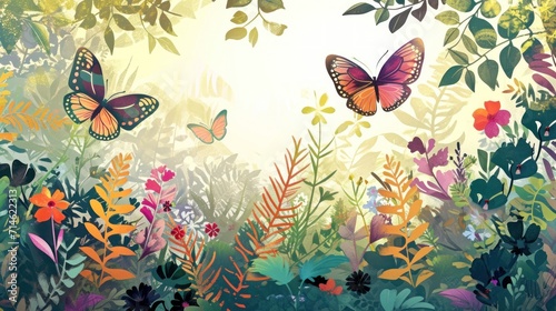  a painting of two butterflies flying over a lush green field of flowers and plants on a sunny day with sunlight coming through the leaves of the tops of the trees.
