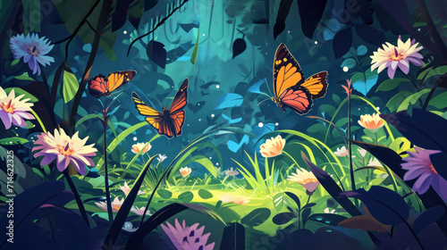  a painting of three butterflies flying in the air over a lush green forest filled with pink and white flowers and purple and yellow daisies in the foreground .